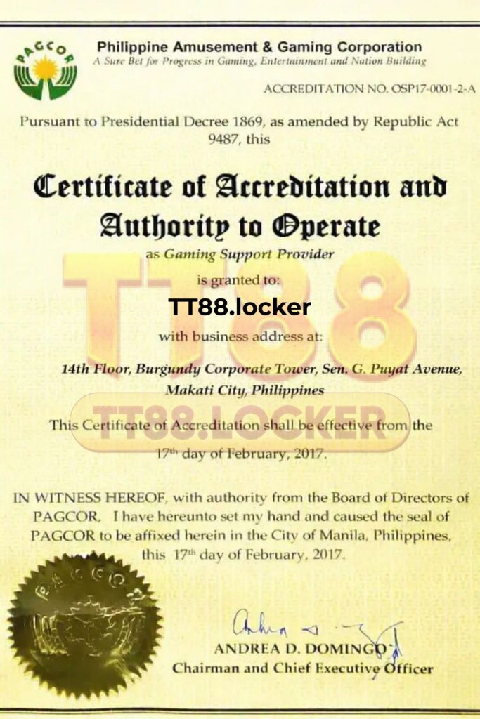 Giấy chứng nhận pagcor của nhà cái tt88